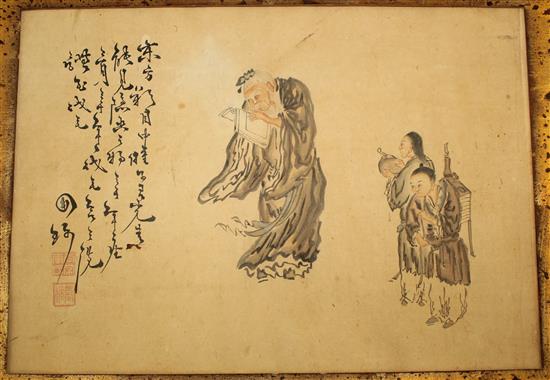 A 19th century Chinese School painting of a scholar and two children, overall 39.5 x 61.5cm